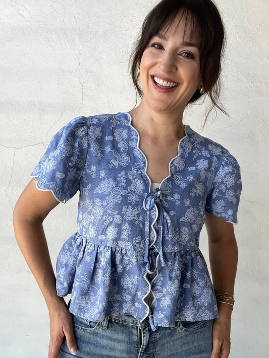 Floral Embroidered + Scalloped Peplum Top | Denim