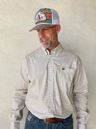 Cinch Classic Fit Mens Stretch Long Sleeve Striped Diamond Print Cream