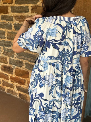 Tropical Midi Dress | Navy + Cream
