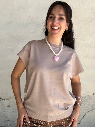 Round Neck Short Sleeve Sweater Ash Mocha