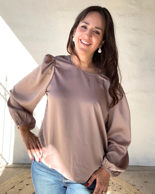 Satin Round Neck Long Sleeve Top Buttoned Cuffs | Coco