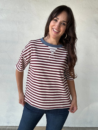 Stipe Color-block Short Sleeve Tee | Maroon + Blue
