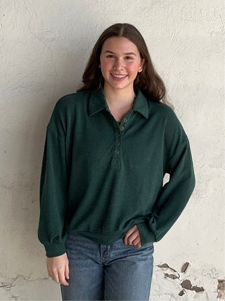 Collared Half Snap Knit Long Sleeve | Forest Green