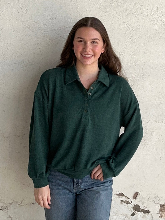 Collared Half Snap Knit Long Sleeve | Forest Green