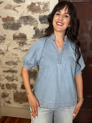 Scalloped Hem Short Sleeve Top | Light Denim