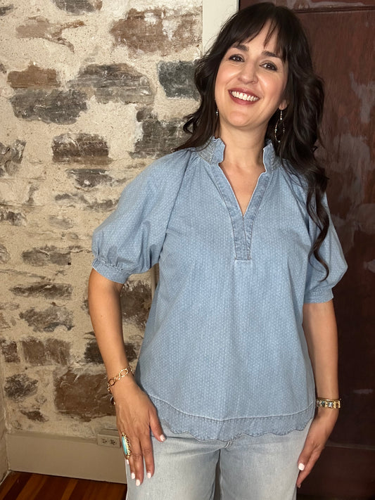 Scalloped Hem Short Sleeve Top | Light Denim