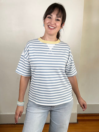 Stipe Color-block Short Sleeve Tee | Dusty Blue + Yellow