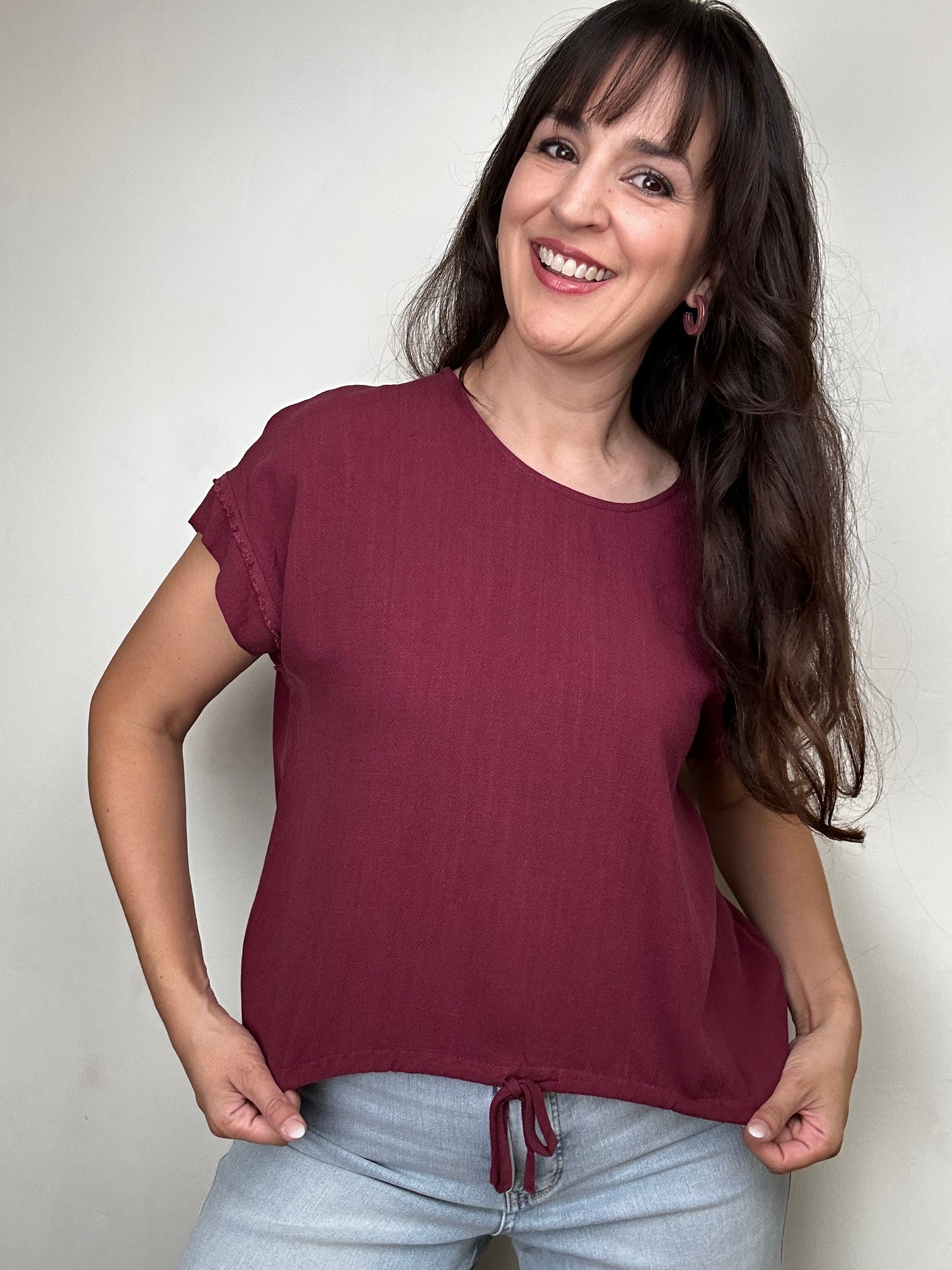 Drawstring Short Sleeve Linen Blend Top | Merlot