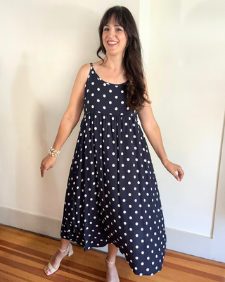 Lusso Midi Dress in Navy + White with White Sweater (Sold as a Set)