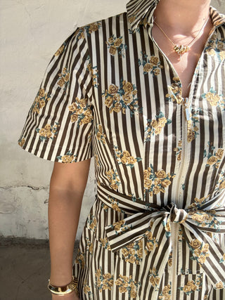 Printed Stripe Short Sleeve Midi Dress | Brown + Multi