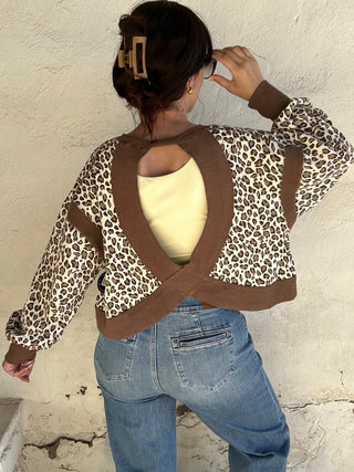 Animal Print Open Back Long Sleeve Top Ivory + Browns