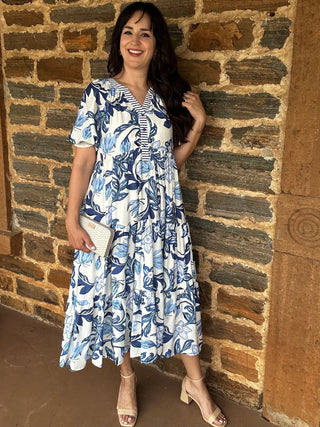 Tropical Midi Dress | Navy + Cream