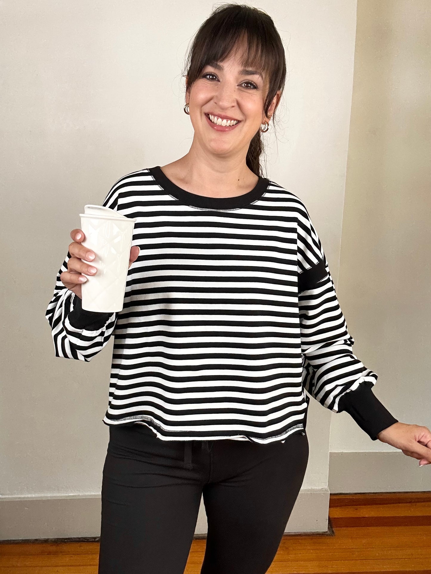 Striped Terry Open Back Long Sleeve Top | Black + White