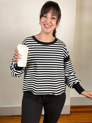 Striped Terry Open Back Long Sleeve Top | Black + White