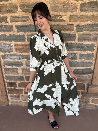 Collared 3/4 Sleeve Midi Dress | Olive + Cream