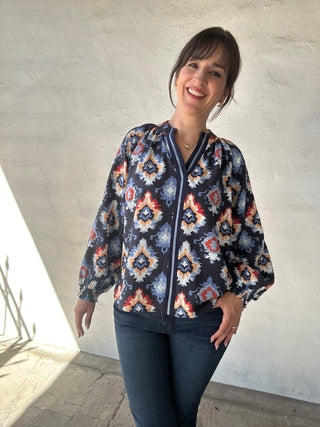 Abstract Medallion Print V-Neck Long Sleeve Blouse | Midnight Blue + Multi