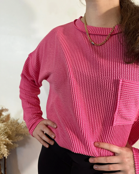 Ribbed Long Sleeve Top w/ Pocket | Fuchsia