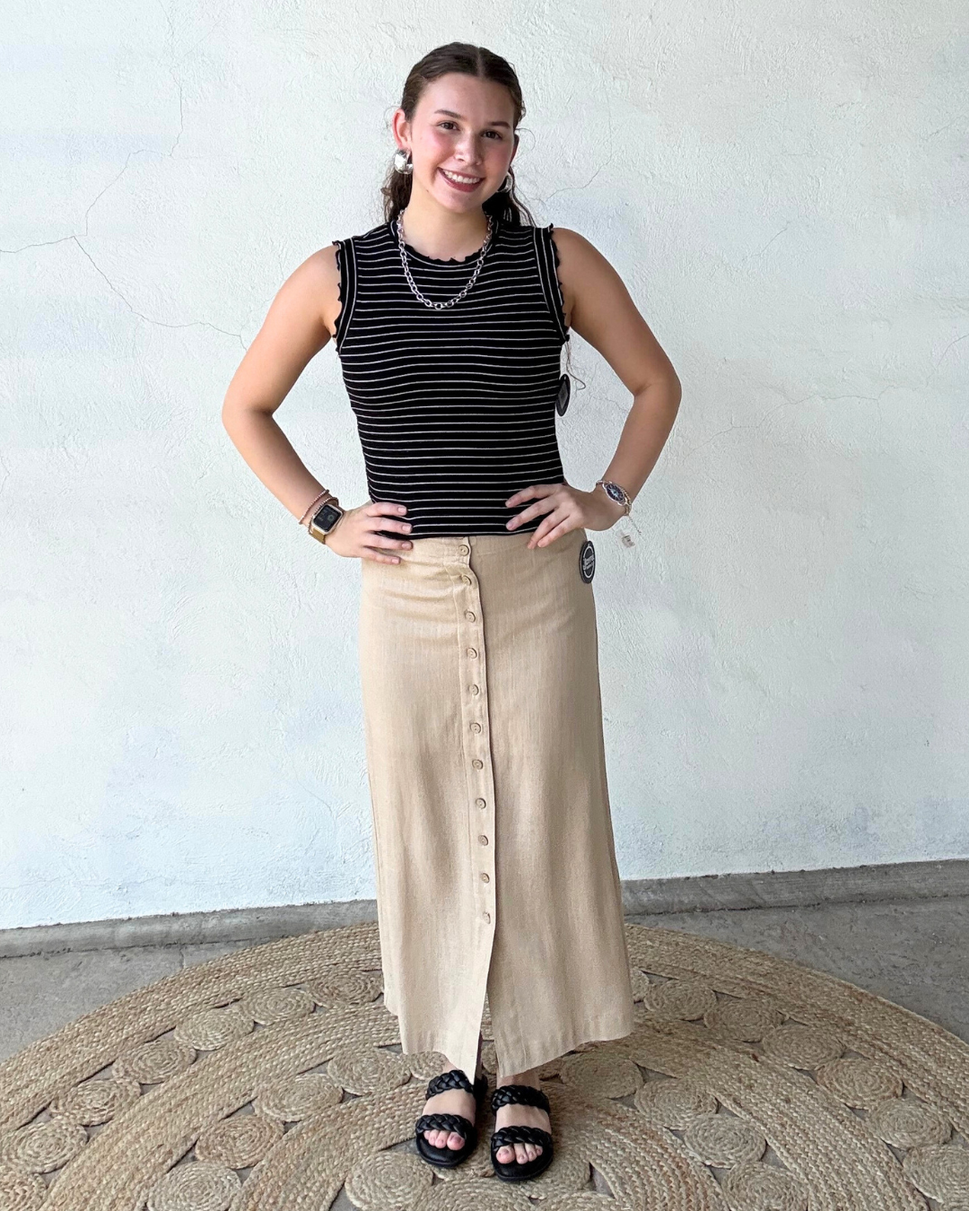 Ribbed Ruffle Trim Sleeveless Top | Black + White Stripe