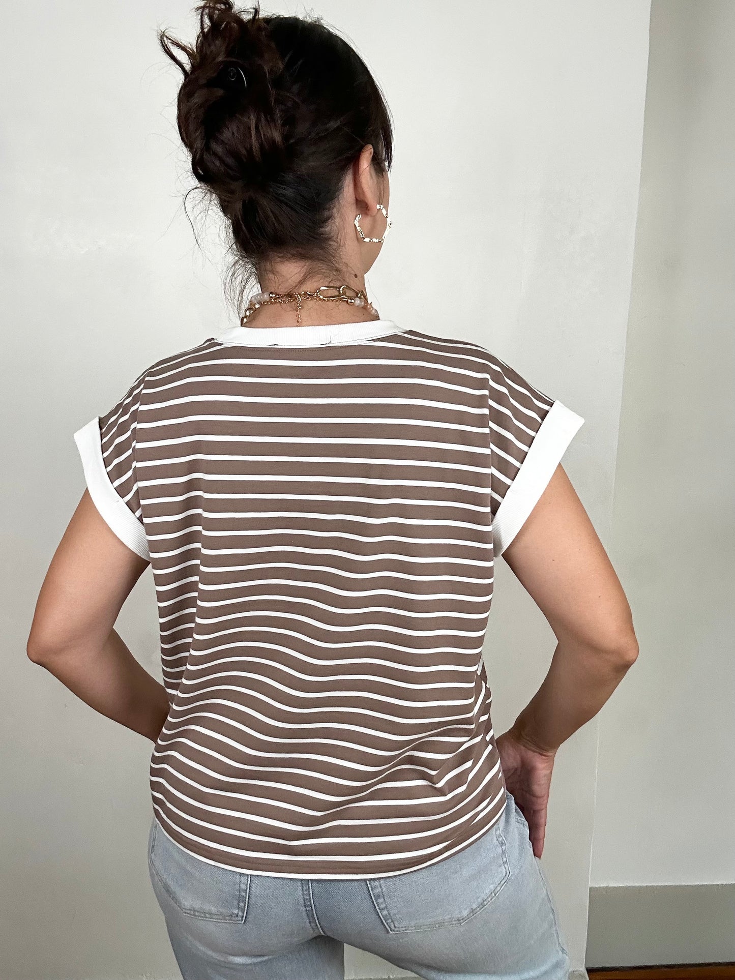 Spaced Stripe Tee w/ Contrast Trim | Mocha + White