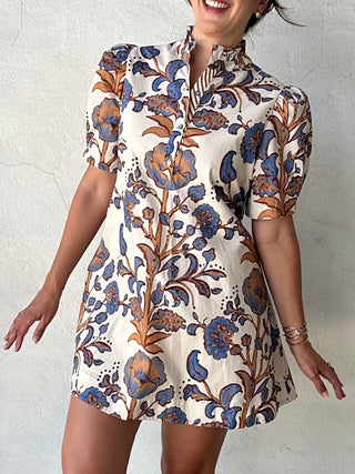 Fancy Floral Short Sleeve Mini Dress | Ecru