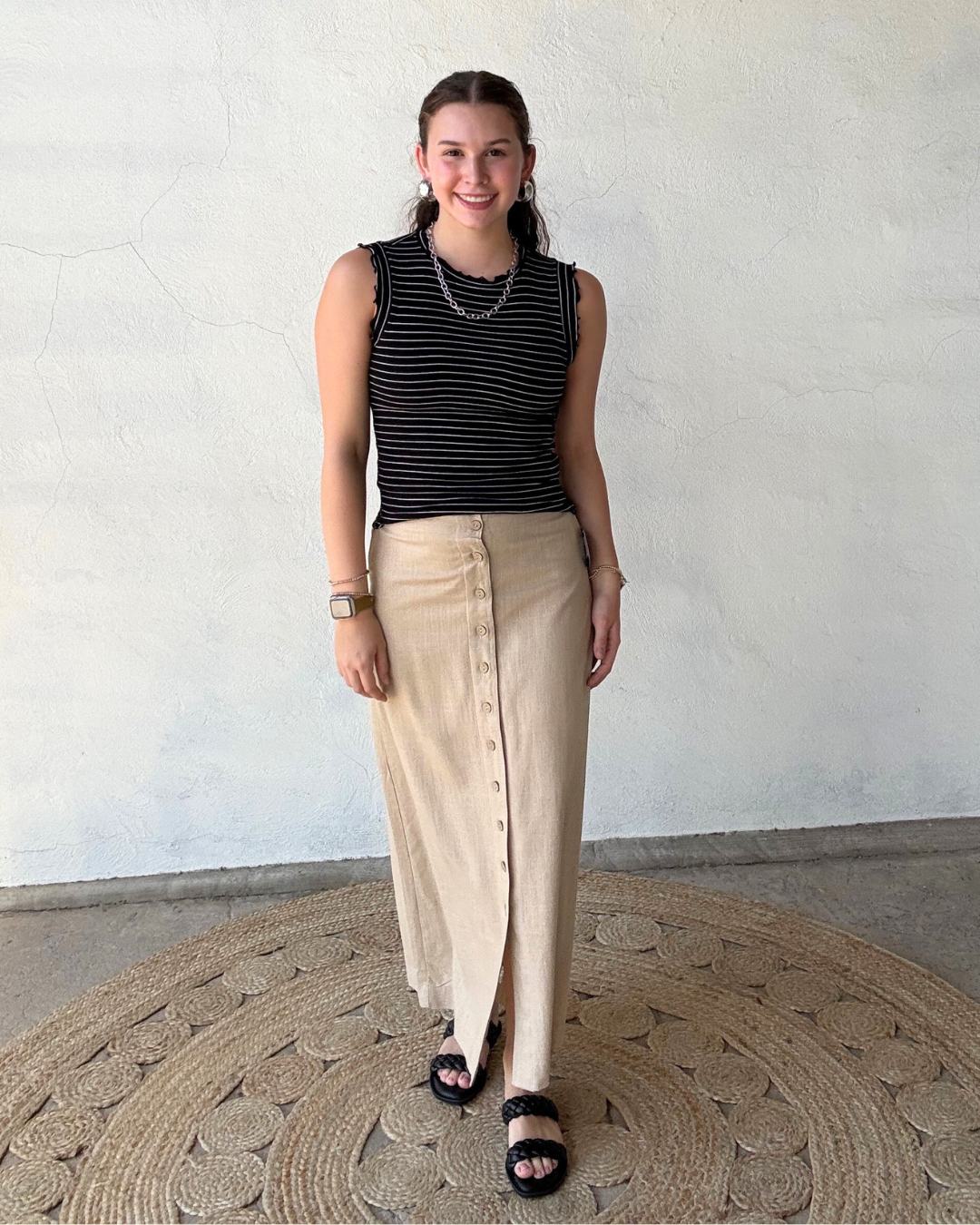 Ribbed Ruffle Trim Sleeveless Top | Black + White Stripe