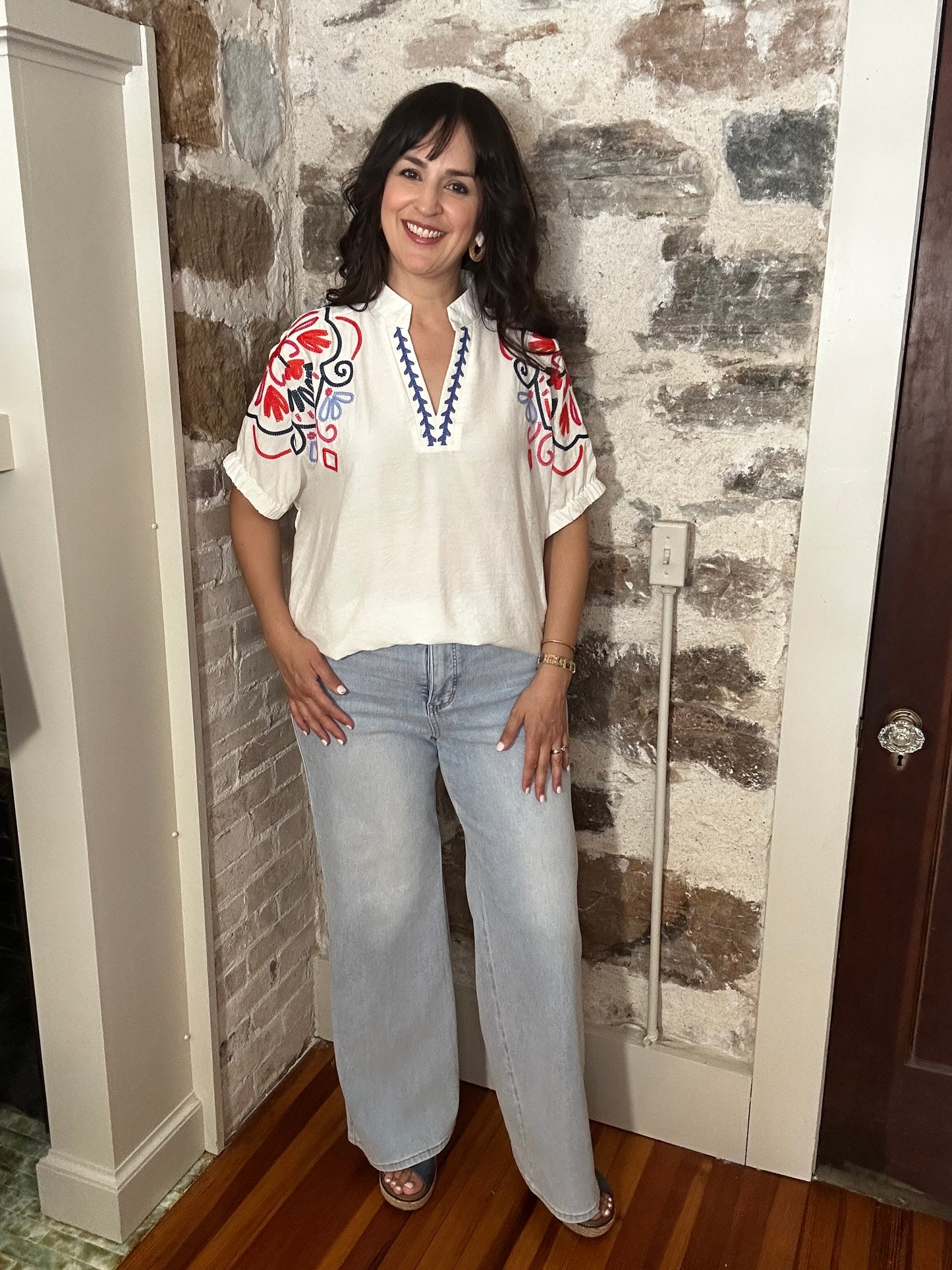 Embroidered Short Sleeve Top | Cream