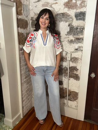 Embroidered Short Sleeve Top | Cream