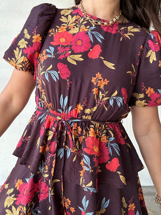 Tiered Floral Short Sleeve Midi Dress | Plum Multi
