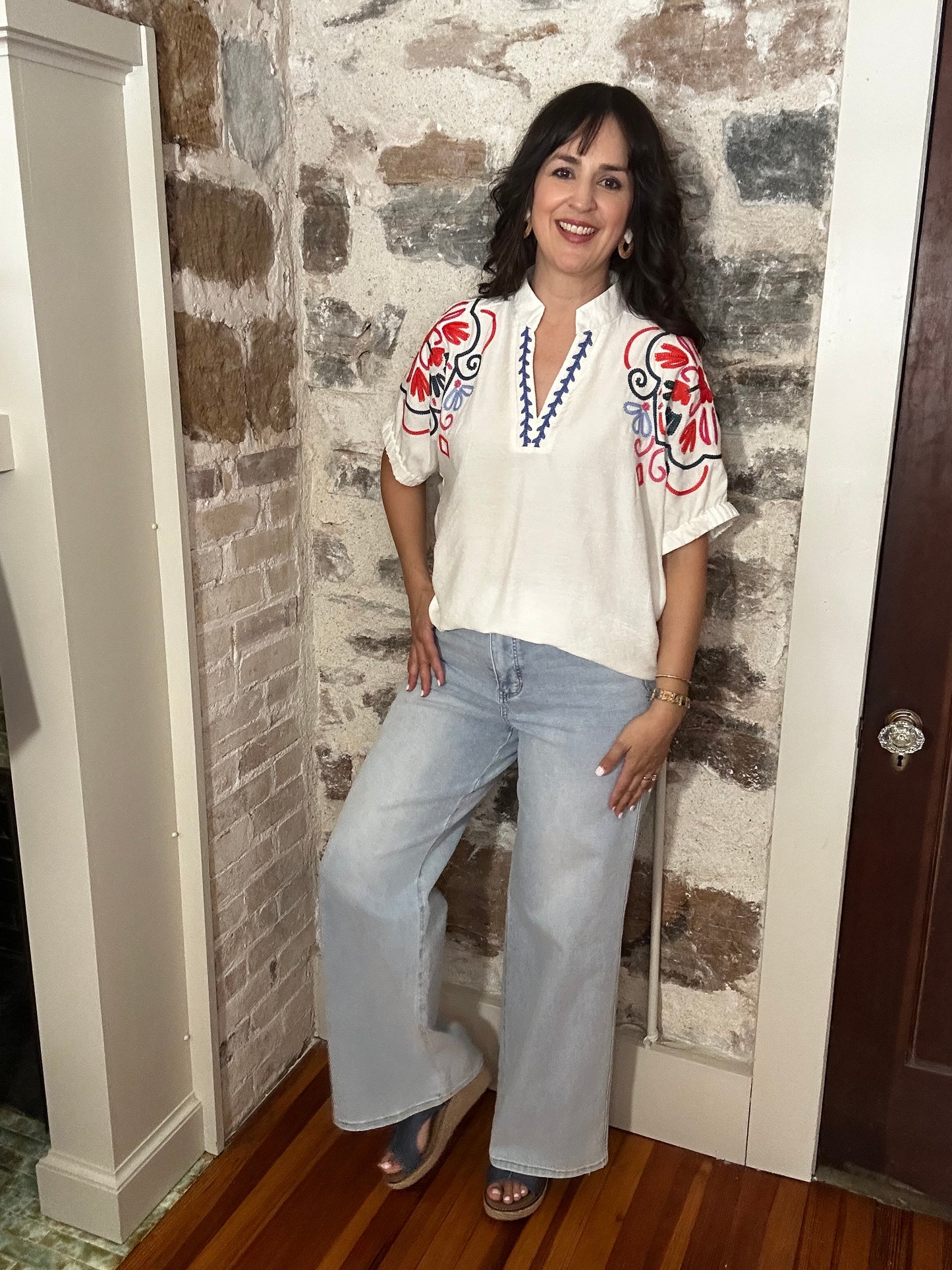 Embroidered Short Sleeve Top | Cream