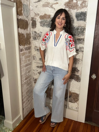 Embroidered Short Sleeve Top | Cream