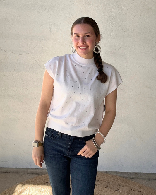 Short Sleeve Sweater Top Mock Neck | Off White