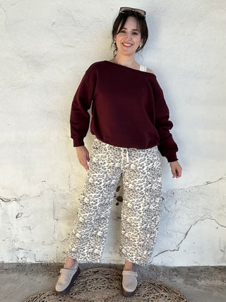 Animal Printed Cotton Terry Barrel Pants | Brown + Tan + Cream