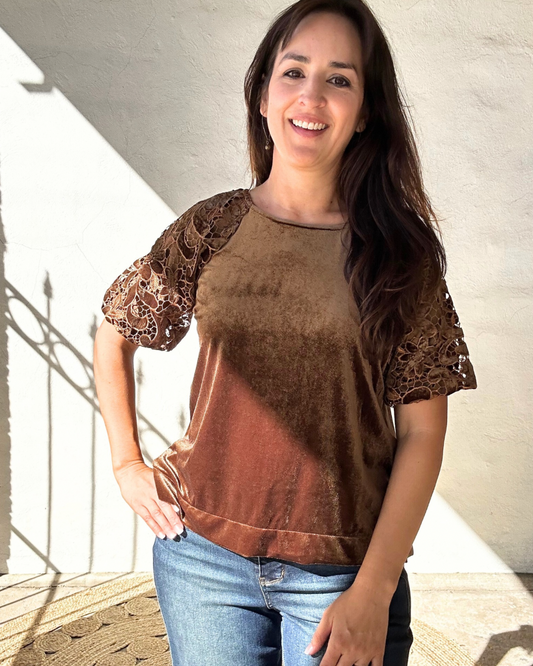 Velvet 3/4 Sleeve Button Up | Brown