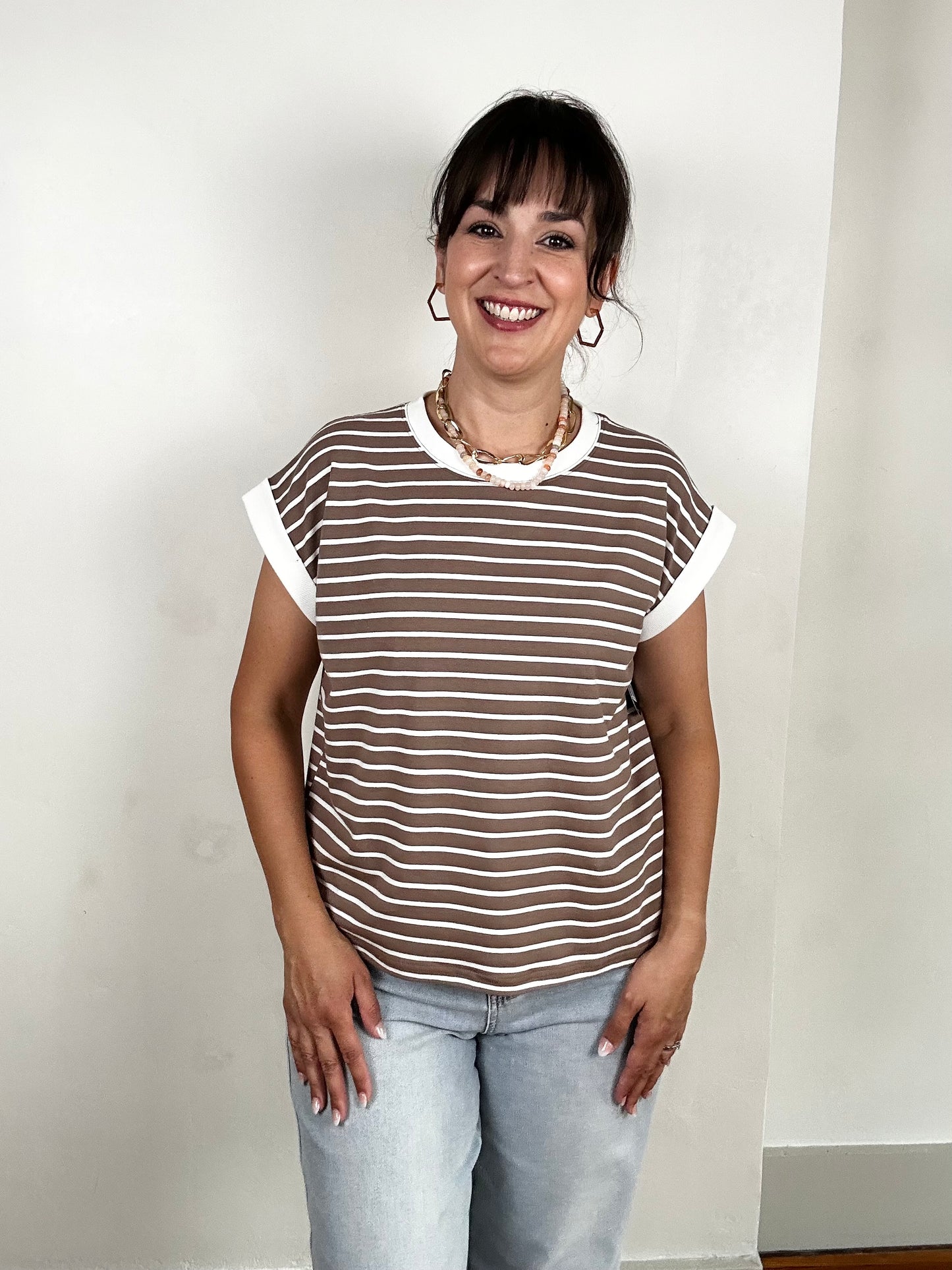 Spaced Stripe Tee w/ Contrast Trim | Mocha + White