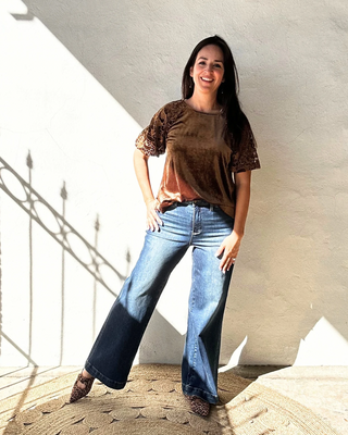 Velvet 3/4 Sleeve Button Up | Brown