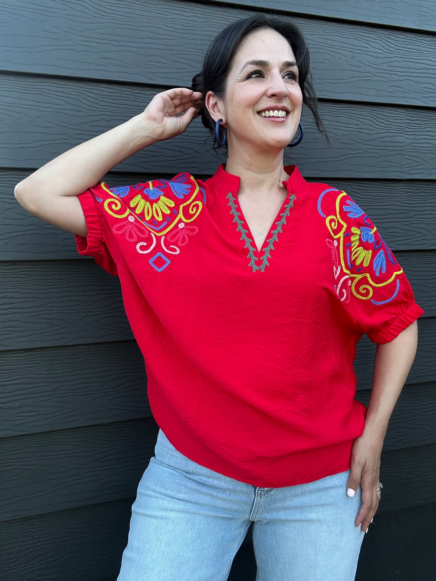 Embroidered Short Sleeve Top | Red