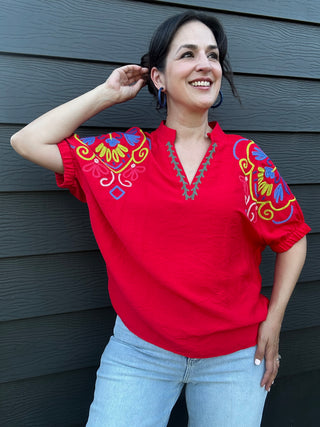 Embroidered Short Sleeve Top | Red