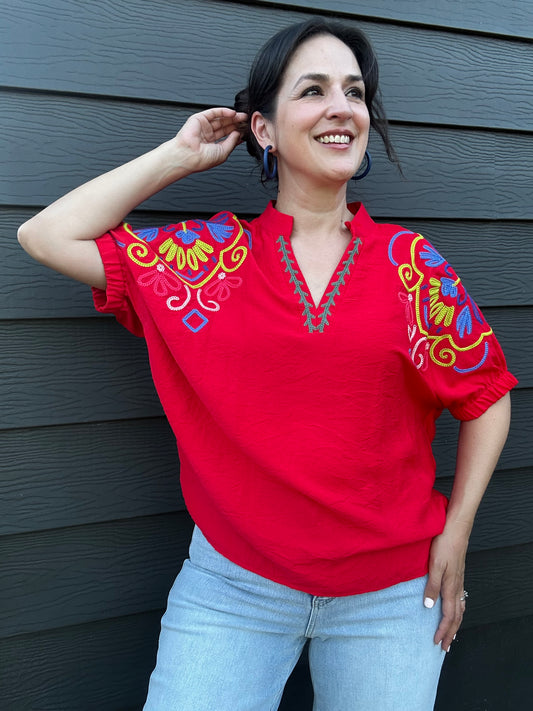 Embroidered Short Sleeve Top | Red