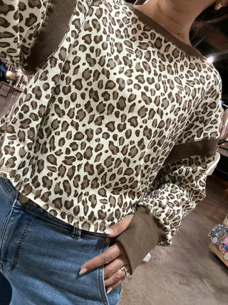 Animal Print Open Back Long Sleeve Top Ivory + Browns