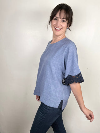 Solid Lace Trim Dolman Short Sleeve Top | Denim + Navy