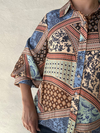 Multi-Patch Print 3/4 Sleeve Top | Blue + Multi