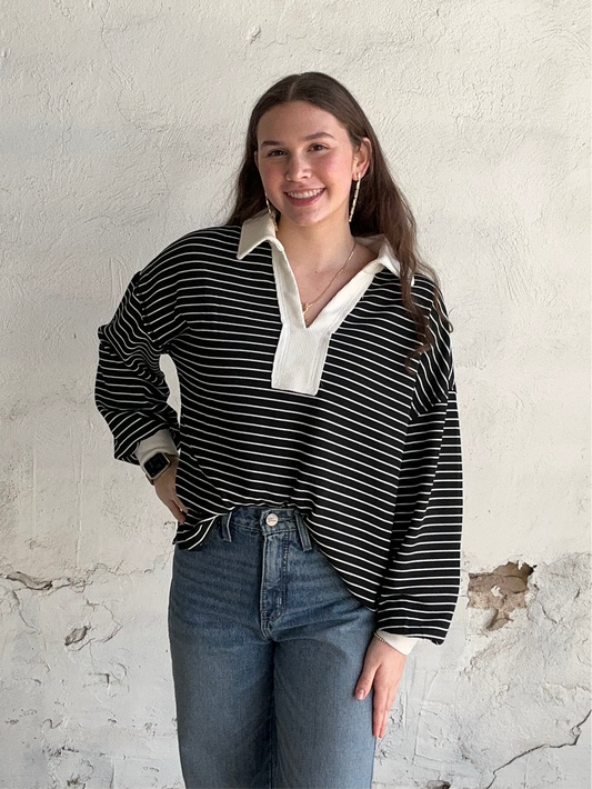 Stripe Collar Long Sleeve Knit Top | Black + White