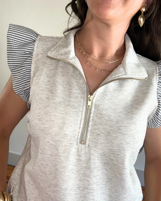 Luxeknit Ruffle Quarter Zip Top | Heather White