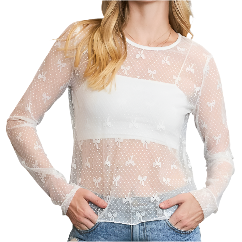 Bow Lace Long Sleeve Top | White