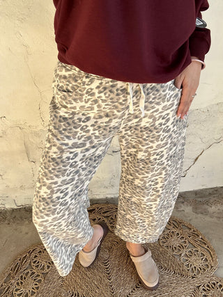 Animal Printed Cotton Terry Barrel Pants | Brown + Tan + Cream