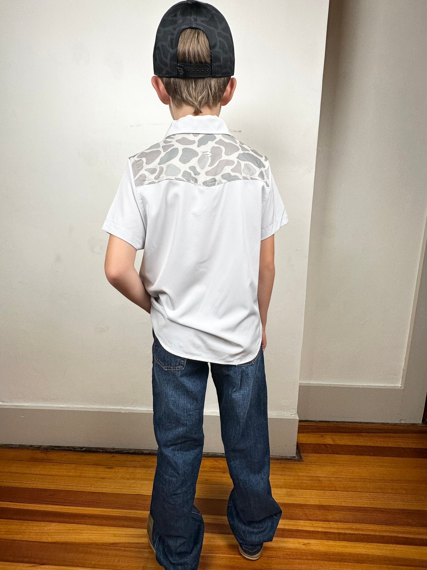 BURLEBO | YOUTH | Performance Western Shirt | Bird Szn | Light Grey + Classic Deer Camo