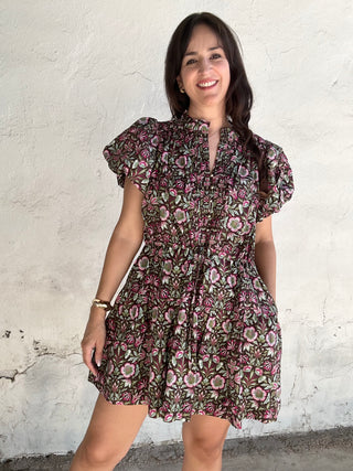 Floral Print Short Puff Sleeve Mini Dress | Brown + Multi