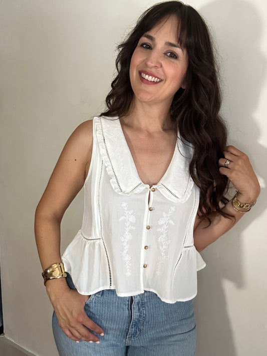 Lindsey Sleeveless + Collared Top | Off White