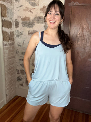 Every Day Set | Spaghetti Strap Top + Shorts + Sports Bra | Light Blue + Navy