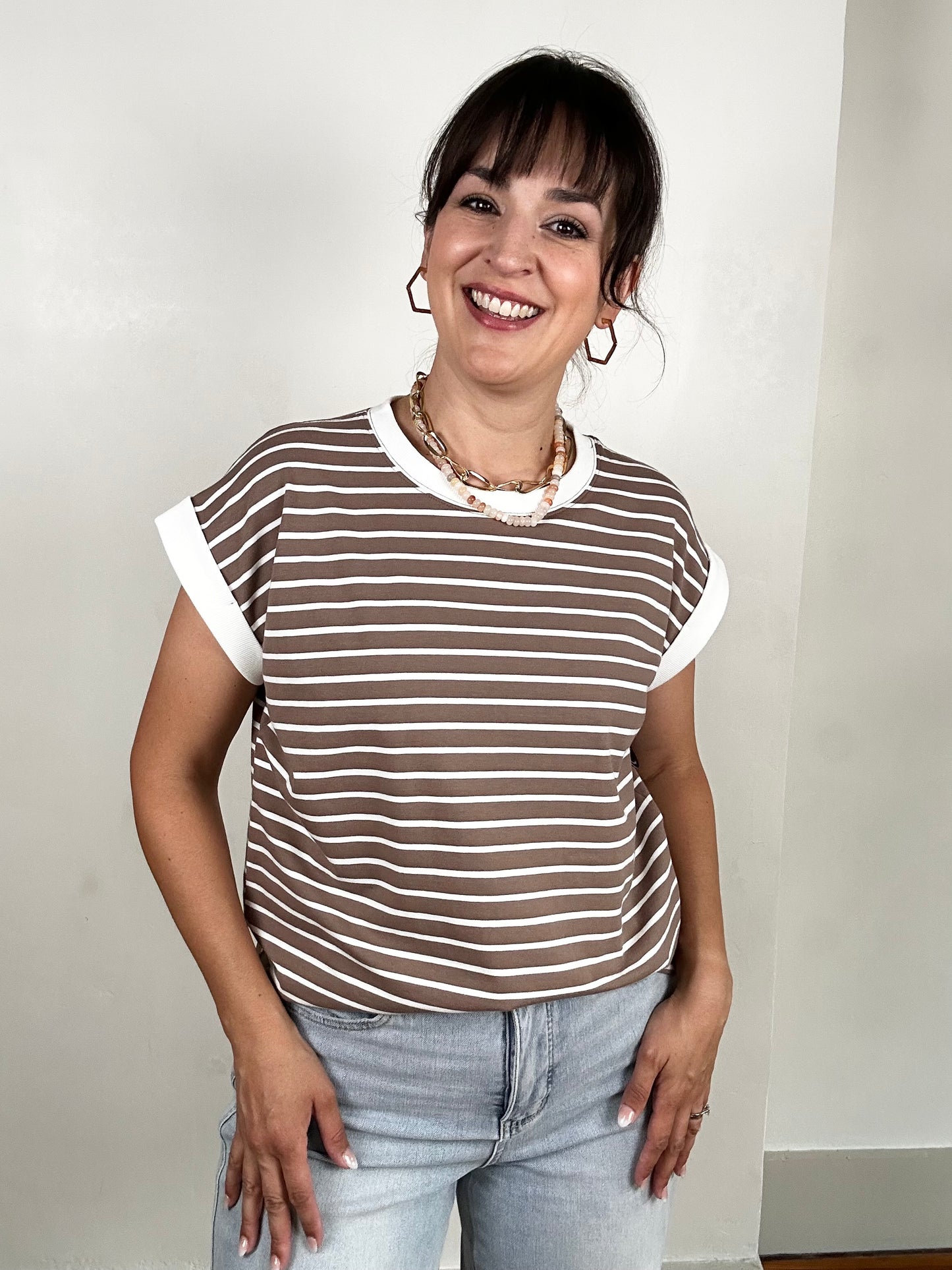 Spaced Stripe Tee w/ Contrast Trim | Mocha + White